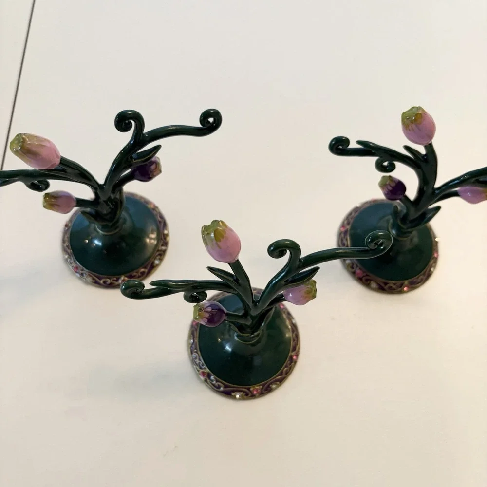 3 Rose Tree Enameled Metal‎ & Rhinestone Jewelry Earring Mini Display Stand Set